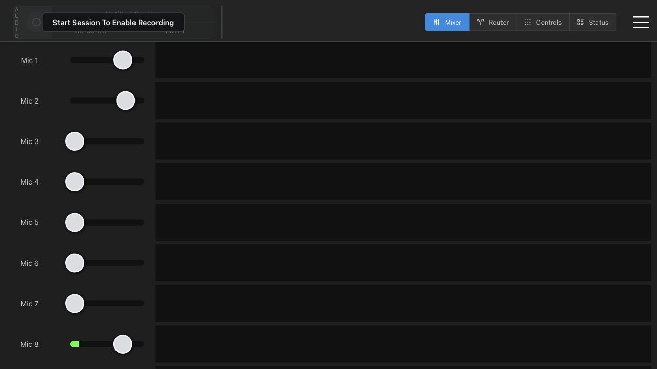 Mixer screen with Start Session To Enable Recording overlay