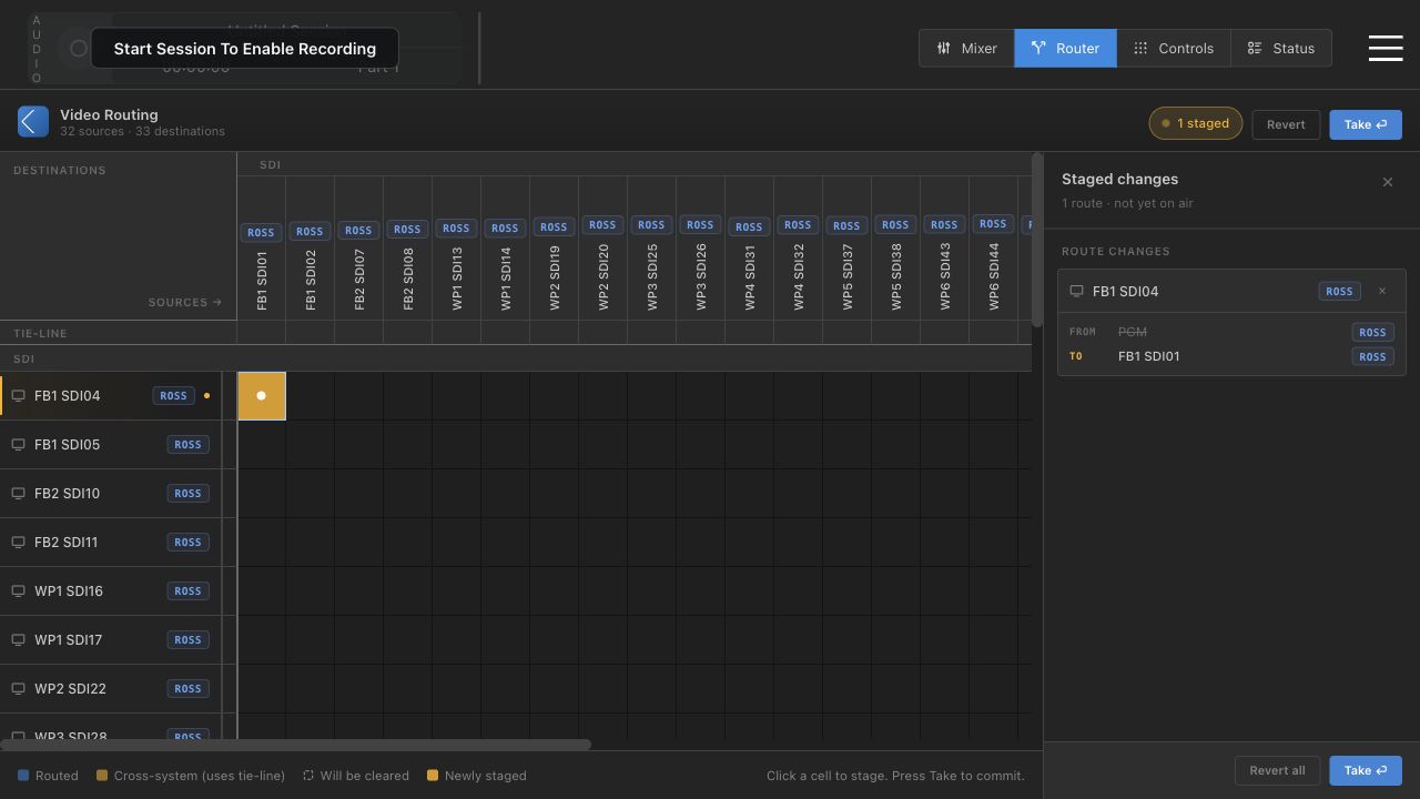 Video router with one staged change and staged changes drawer
