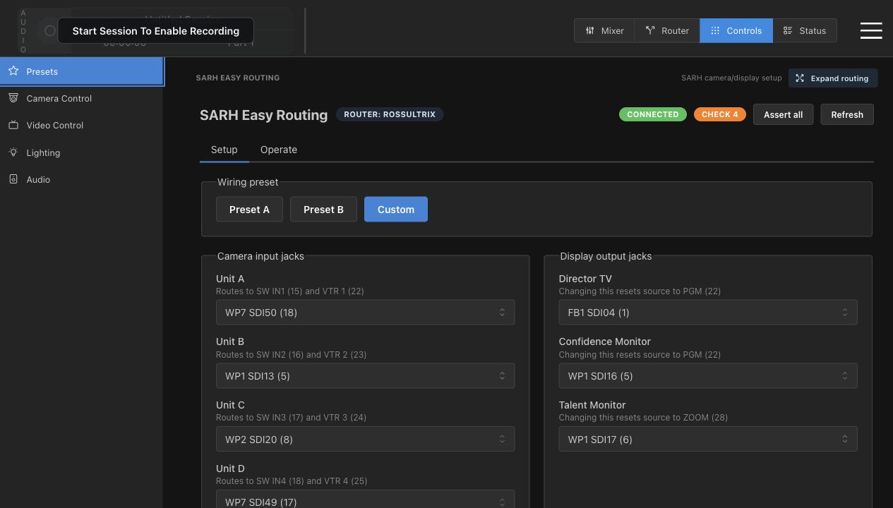 SARH Easy Routing setup tab with camera input jacks and display output jacks