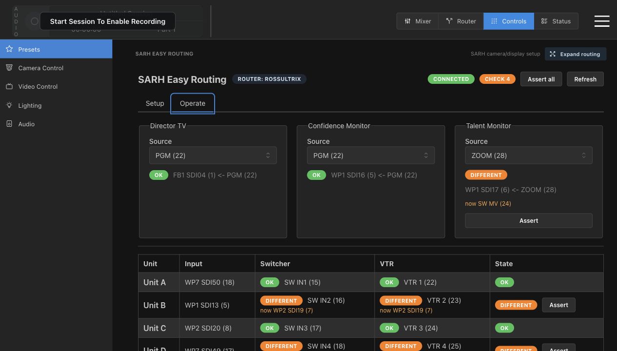 SARH Easy Routing operate tab showing OK and Different states