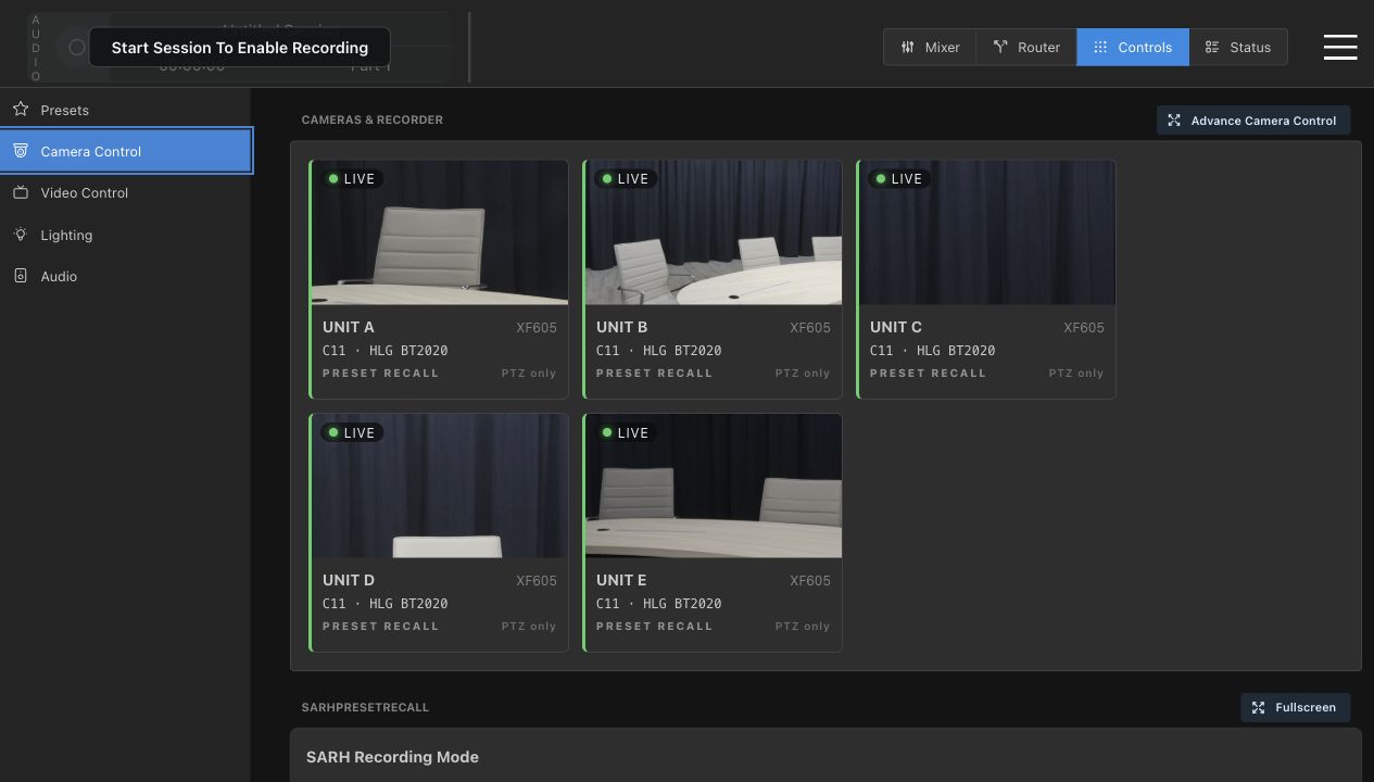 Camera Control page with five live Canon camera cards