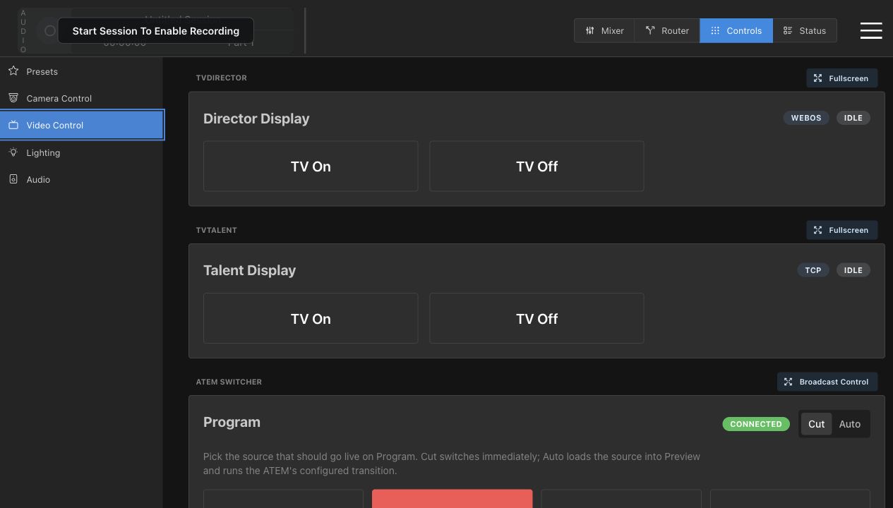 Video Control page with TV controls, ATEM program control, and autoswitch controls
