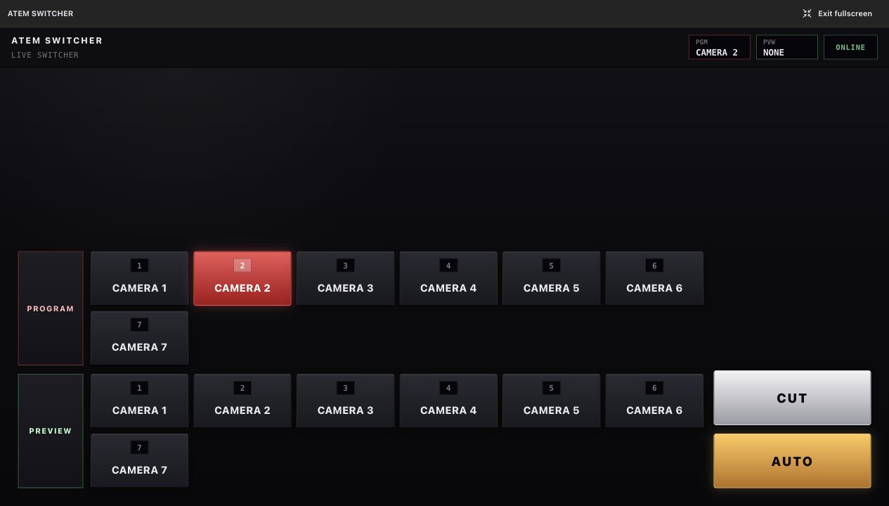 ATEM Broadcast Control fullscreen with program and preview buses