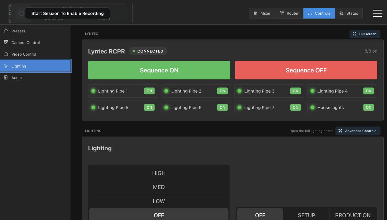 Lighting page with Lyntec RCPR and lighting controls