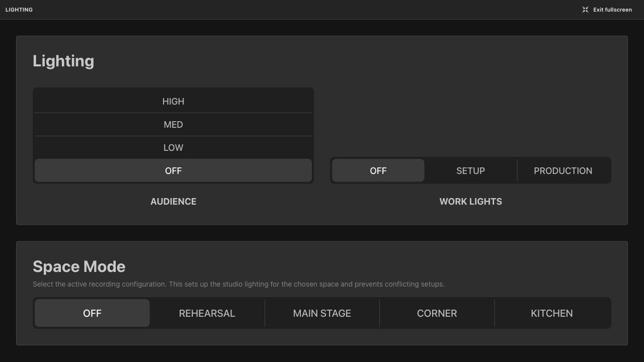 Lighting fullscreen with Audience, Work Lights, and Space Mode controls