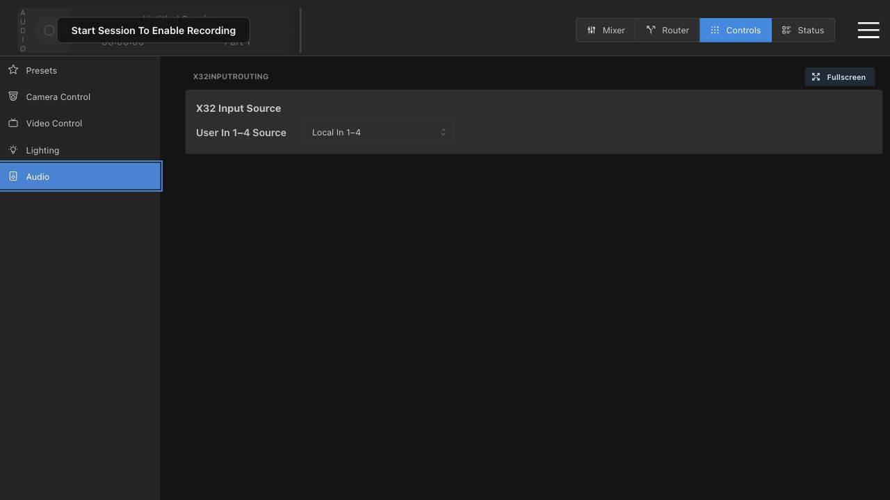 Audio controls page with X32 Input Source dropdown