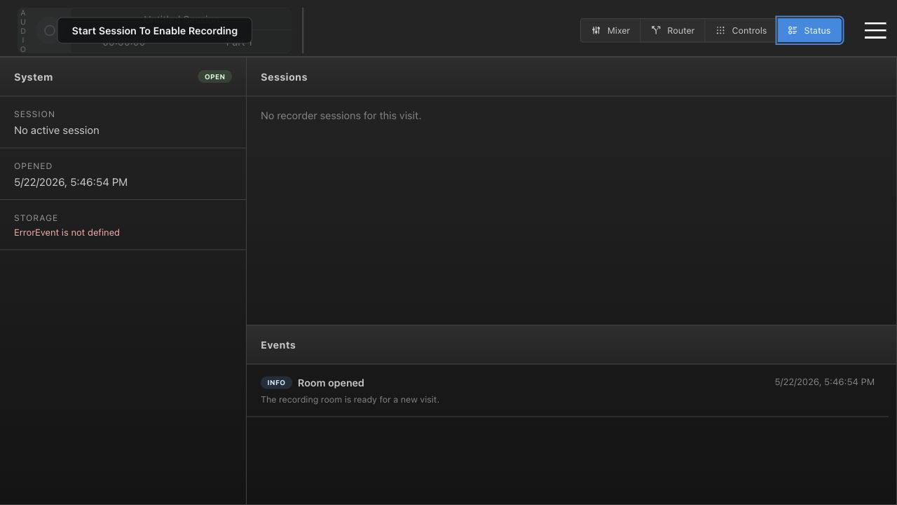 Status page showing system open, no active session, storage error, sessions, and events
