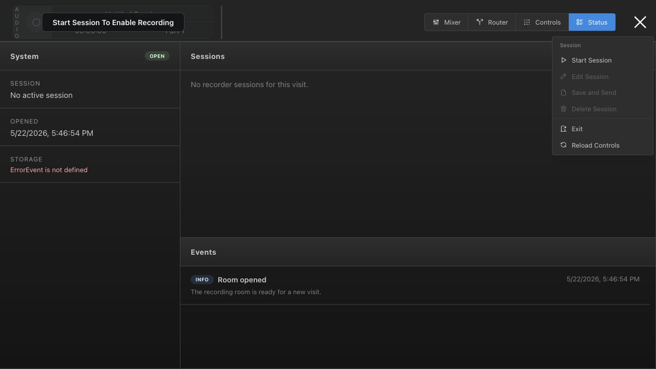 Podcart session menu with Start Session, Save and Send, Delete Session, Exit, and Reload Controls