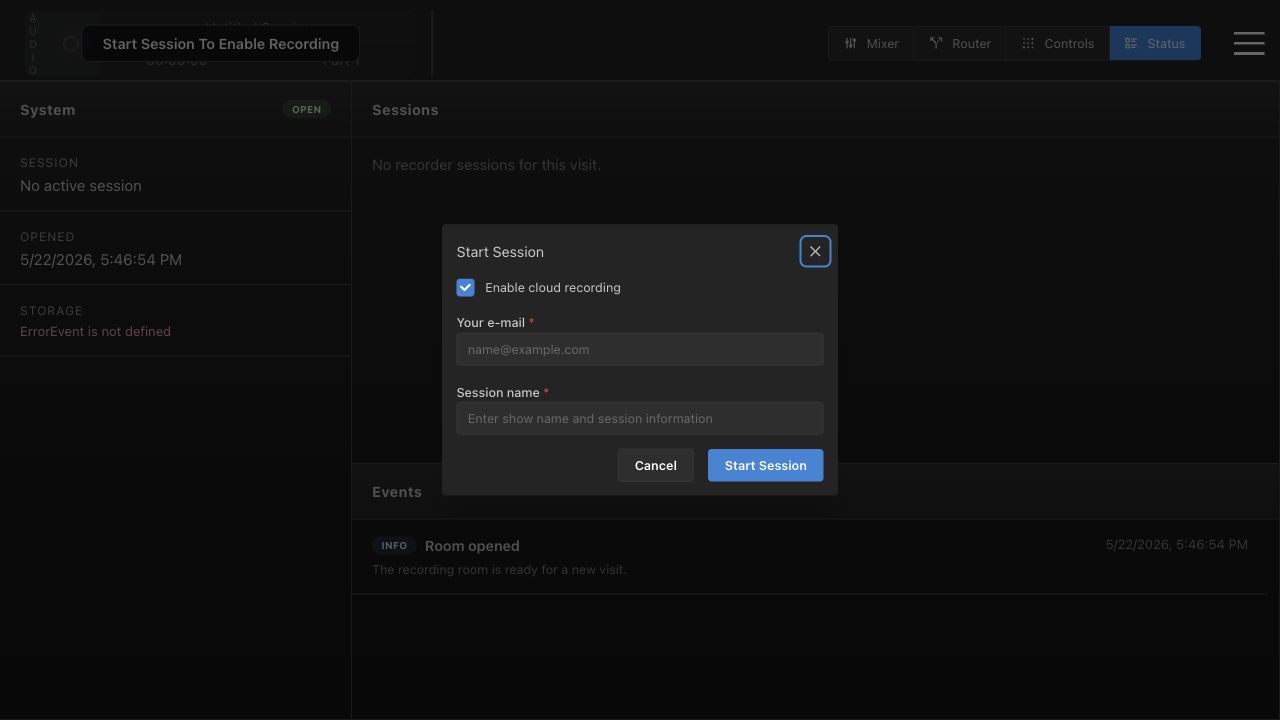 Start Session modal with cloud checkbox, email, and session name